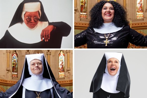 Clockwise from top left: Whoopi Goldberg and local Sister Act stars Casey Donovan, Rhonda Burchmore and Genevieve Lemon.