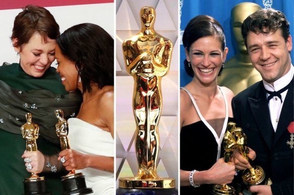 Winners are grinners (from left): Olivia Colman and Regina King in 2019 and Julia Roberts and Russell Crowe in 2001.