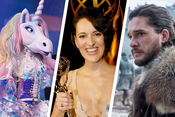 Deni Hines as the unicorn on The Masked Singer; Fleabag creator and star Phoebe Waller-Bridge; Kit Harington as Jon Snow in Game of Thrones.