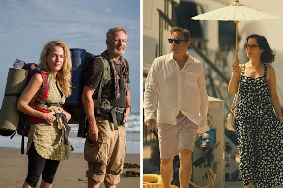 From left, Jason Isaacs with Gillian Anderson in The Salt Path, and with Parker Posie in The White Lotus.
