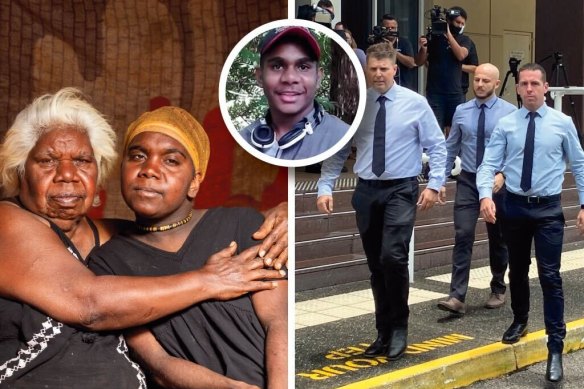 From left: Lottie Robertson with Rakeisha Robertson (right); Kumanjayi Walker; Constable Zachary Rolfe (third from left) arriving at court.