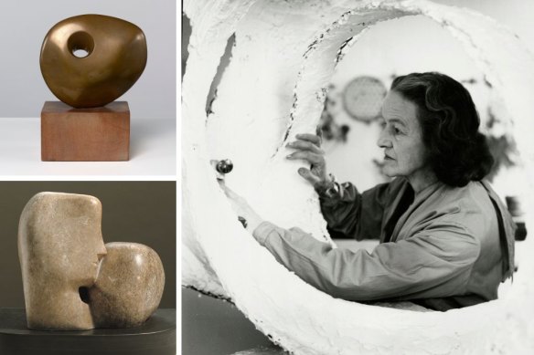 Clockwise from main: Barbara Hepworth works on the plaster for <i>Oval Form (Trezion)</i>, 1963; <i>Two Heads</i>, 1932; <i>Pierced Rounded Form</i>, 1960.