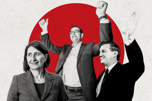 Former NSW premier Gladys Berejiklian, Daniel Andrews and former Victorian premier Jeff Kennett.