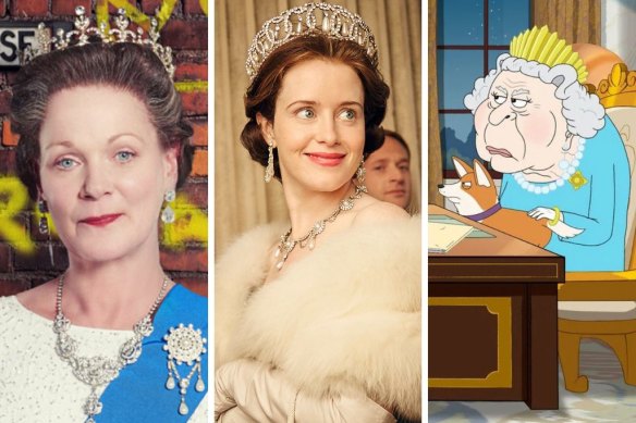 The many portrayals of Queen Elizabeth II include (from left) Samantha Bond, Claire Foy and an animated Queen in The Prince.