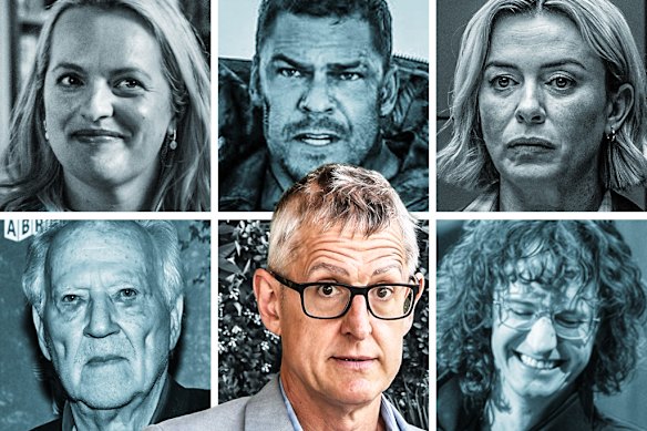 What to stream this week (from top left): Imperfect Women; War Machine; Gone; Chris Fleming: Live at the Palace; Louis Theroux: Inside the Manosphere; and Ghost Elephants.   
