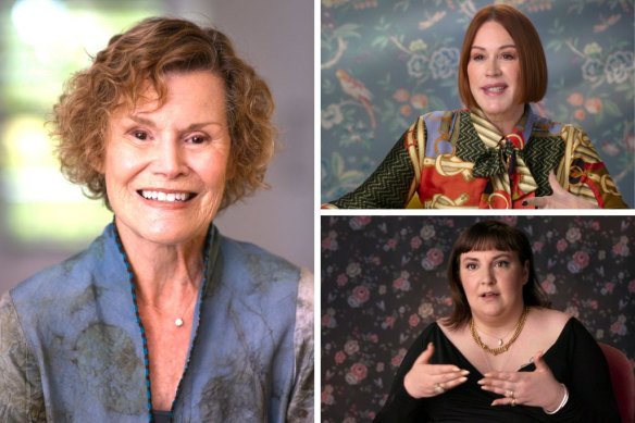 Judy Blume, main, and two of her famous fans, Molly Ringwald (top) and Lena Dunham, in the documentary Judy Blume Forever.