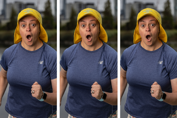 Comedian Geraldine Hickey in her famous yellow legionnaire hat that she wears when running.