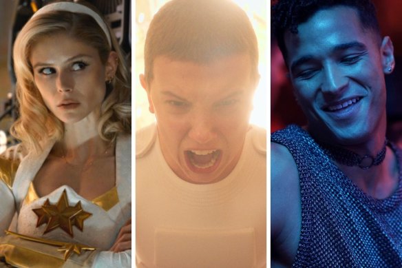 Top streaming in June (from left): Erin Moriarty as Starlight in The Boys, Millie Bobby Brown as Eleven in Stranger Things and Devin Way as Brodie in Queer As Folk.