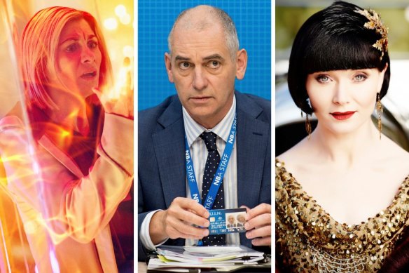 From left: Jodie Whittaker in Doctor Who, Rob Sitch in Utopia and Essie Davis in Miss Fisher’s Murder Mysteries.