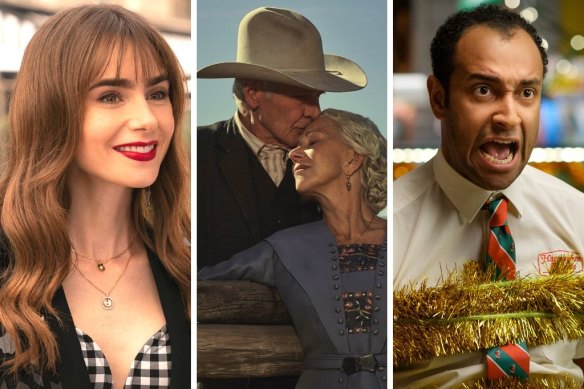Top streaming in December (from left): Lily Collins in Emily in Paris, Harrison Ford and Helen Mirren in 1923 and Matt Okine in Christmas Ransom.