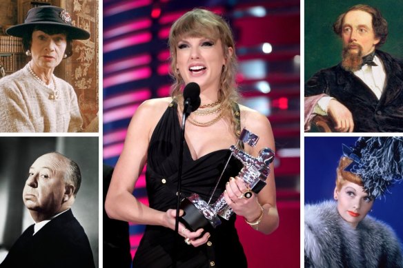 Clockwise from main: Taylor Swift, Charles Dickens, Lucille Ball, Alfred Hitchcock and Coco Chanel. 