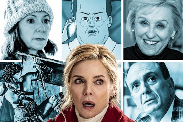 What to stream this week (clockwise from top left): Elsbeth; Common Side Effects; The New Yorker at 100; Brockmire; Oh. What. Fun; and Spartacus: House of Ashur.