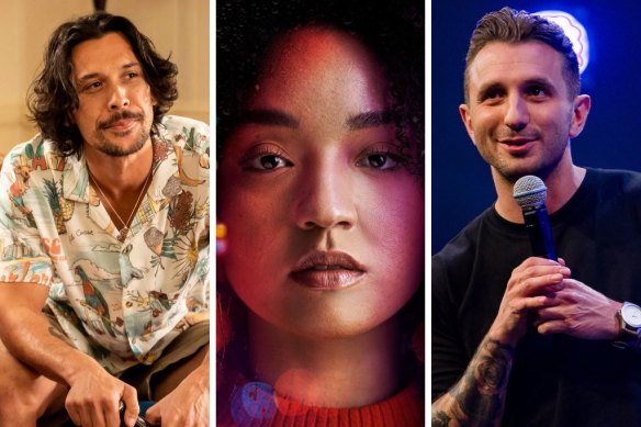 What to watch in May (from left): In Limbo stars Bob Morley as a ghost, Aisha Dee in Safe Home and Tommy Little: Pretty Fly for a Dickhead.