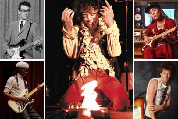 Clockwise from main: Jimi Hendrix; Tash Sultana; Keith Richards; Nile Rodgers; Buddy Holly. 