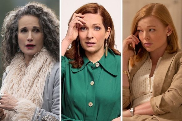 Top streaming in November (from left): Andie MacDowell in hit drama Maid, Katherine Parkinson in sex comedy Spreadsheet and Sarah Snook in season three of the award-winning Succession.