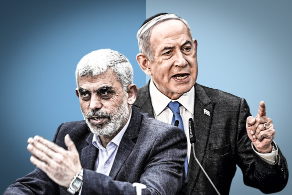 Hamas leader Hamas  Yahya Sinwar and Israel PM Benjamin Netanyahu.