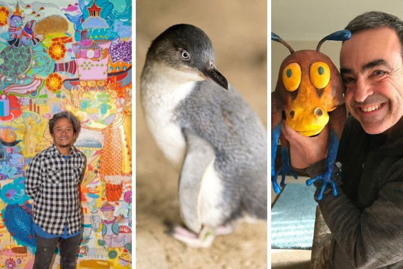 From left: NGV Art Club with Bundit Puangthong; penguins at the Phillip Island Nature Parks; author, illustrator and former zoologist Andrew Plant hosts Children’s Storytelling Workshop.