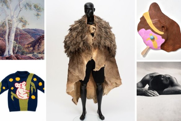 Clockwise from main: Fay Carter, Emu feather cloak, 2018; Kenny Pittock, Melted Bubble’O, 2020; Max Dupain, Sunbaker, 1938 (detail); Jenny Kee, Blinky jumper, 1979; Albert Namatjira, Ghost Gum, c1950.
