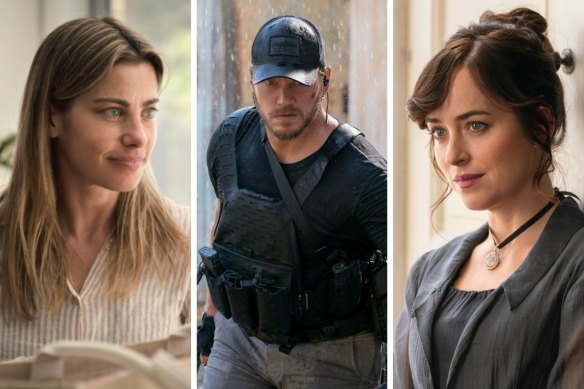 Top streaming in July (from left): Brooke Satchwell in The Twelve, Chris Pratt in The Terminal List and Dakota Johnson in Persuasion.