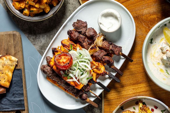 Skewer medley with batata bi kizbara from Al Aseel in Liverpool.
