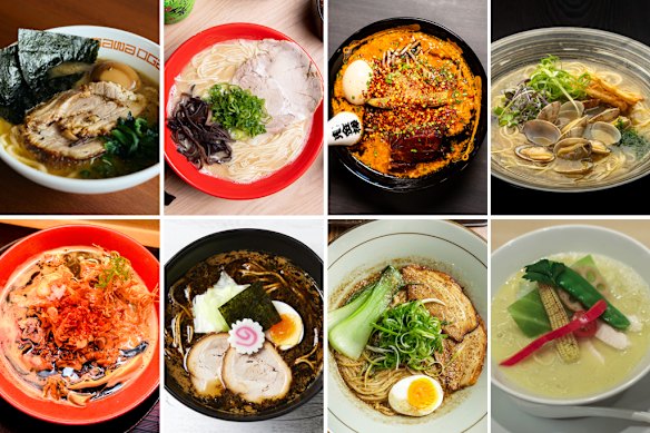 Ramens from (clockwise from top left) Cafe Ogawa, Hakata Gensuke, Kikanbo, Sara Craft, Ginza Kagari, Shujinko, Gogyo and Mensho.