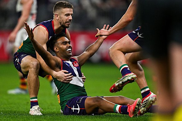 Isaiah Dudley celebrates a goal as the Dockers defeated Adelaide in round 23 and secured just their second minor premiership in club history
