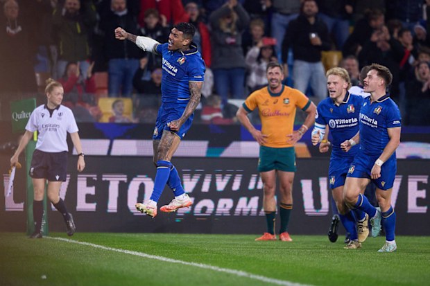 Monty Ioane of Italy celebrates after scoring a try.