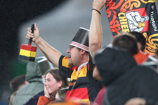 Fans during the round six Super Rugby Pacific match between Chiefs and Blues at FMG Stadium.