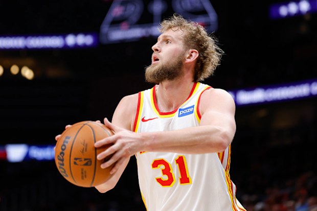 Jock Landale of the Atlanta Hawks sets up a shot.