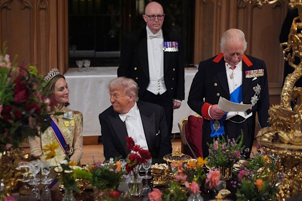 WINDSOR, ENGLAND - SEPTEMBER 17: King Charles III delivers his speech as US President Donald Trump and Catherine, Princess of Wales listen during the State Banquet at Windsor Castle for the State visit by the President of the United States of America on September 17, 2025 in Windsor, England. President Trump is in England from Sept. 16-18 on his second UK state visit, with the previous one taking place in 2019 during his first presidential term. (Photo by Yui Mok - WPA Pool/Getty Images)