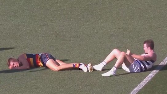 PORT March 20, 2021. Geelong midfielder Patrick Dangerfield collides with Adelaide defender Jake Kelly. 