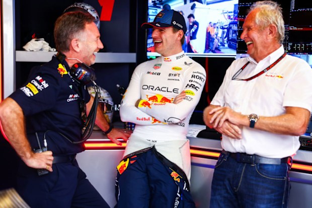 (L to R) Christian Horner, Max Verstappen and Helmut Marko were a tight-knit group in the Red Bull stable. 