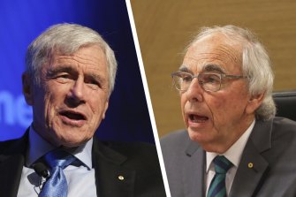Seven West Media chairman Kerry Stokes and Perth Casino Royal Commission lead commissioner Neville Owen. 