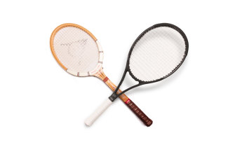 The Dunlop Maxply Fort favoured by Rod Laver and a version of Roger Federer's Wilson RF97 Autograph. 