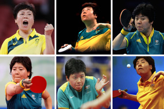 Australian tennis table athlete Jian Fang Lay plays in six Olympics - from top left: Tokyo, Rio 2016, London 2012, Beijing 2008, Athens 2004 and Sydney 2000.