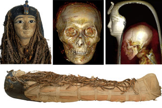 (Bottom) The image of the right side of the mummy from Amenhotep I shows the body completely wrapped in linen, covered from head to toe with flower garlands and wearing a head mask.  (top from left): Face Mask by Amenhotep I;  pharaoh's skull;  pharaoh's mummy showing his skull and skeleton inside the bandages.