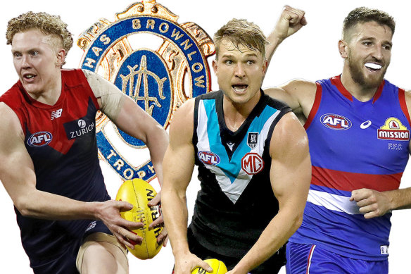 The leading Brownlow contenders: Melbourne’s Clayton Oliver, Port Adelaide’s Ollie Wines and Bulldog Marcus Bontempelli.