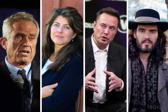 Once were lefties: US presidential hopeful Robert Kennedy Jr, author Naomi Wolf, tech titan Elon Musk and comedian Russell Brand.