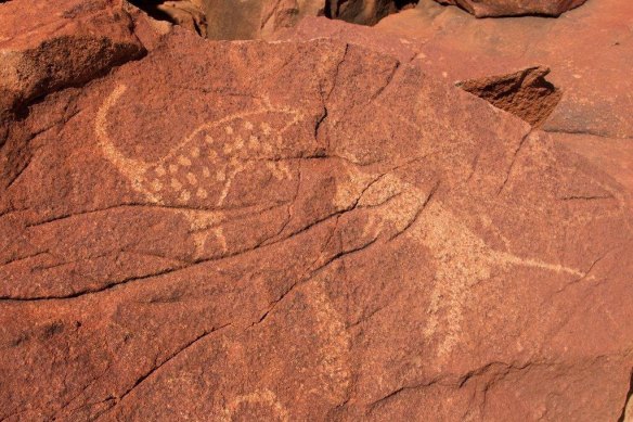 Rock carvings on the Burrup Peninsula, near Karratha, Western Australia.