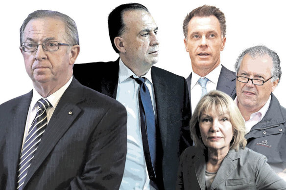 Russell Balding, Racing NSW head Peter V’Landys, Premier Chris Minns and racing identities John Messara and Katie Page. 