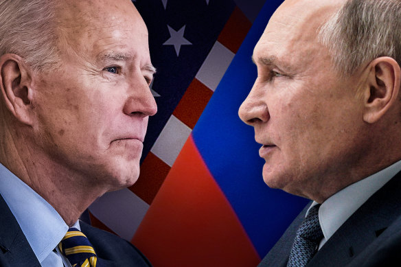 Russia’s President Vladimir Putin, right, and US President Joe Biden have ramped up rhetoric over allegations of cyber attacks.