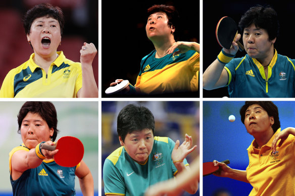 Australian tennis table athlete Jian Fang Lay plays in six Olympics - from top left: Tokyo, Rio 2016, London 2012, Beijing 2008, Athens 2004 and Sydney 2000.