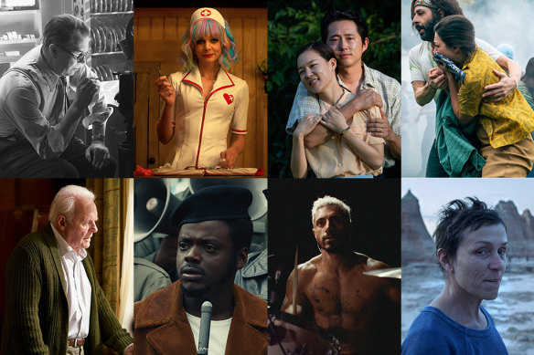 The 2021 best picture nominees (clockwise, from top left): Mank, Promising Young Woman, Minari, The Trial of the Chicago 7, Nomadland, Sound of Metal, Judas and the Black Messiah, The Father.