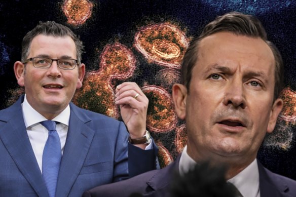 Victorian Premier Daniel Andrews and Western Australian Premier Mark McGowan. Mr McGowan has just announced the hard border with Victoria will remain in place until at least Wednesday night.