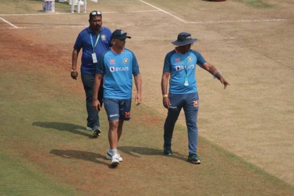 India coach Rahul Dravid looking at the pitch during the lunch break on day one of the Indore Test.