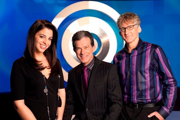 Richard Morecroft (centre) with Lily Serna and David Astle on the set of Letters and Numbers.