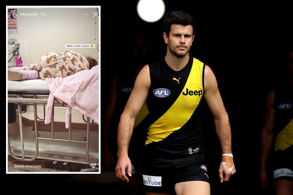 Trent Cotchin may have to return home to be with his sick daughter (inset).