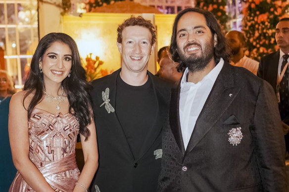 Radhika Merchant, Mark Zuckerberg and Anant Ambani at their pre-wedding bash in Jamnagar, India.