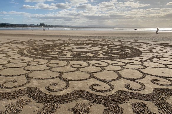 The mandala at Byron Bay to commemorate the second anniversary of the disappearance of backpacker Theo Hayez.