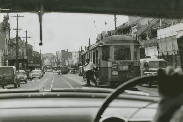 A tram makes its way down Oxford Street in 1957.